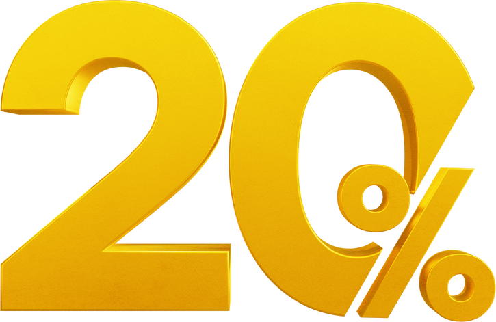 Golden twenty percent sign, 20% off, Sales concept